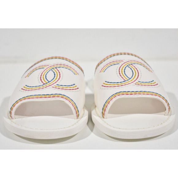 Chanel 21P White Multicolor Lambskin Leather CC Logo Slide Sandal Mule Flat 36 - Picture 5 of 12
